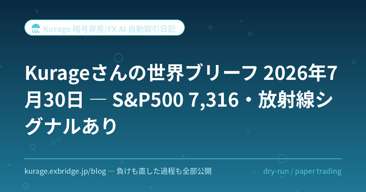 Kurageさんの世界ブリーフ 2026年7月30日 — S&P500 7,316・放射線シグナルあり | Kurage 暗号資産/FX AI 自動取引日記