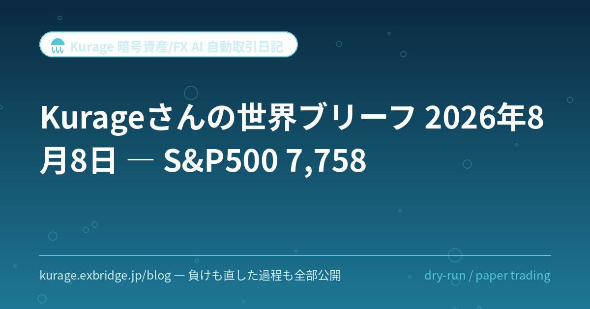 Kurageさんの世界ブリーフ 2026年8月8日 — S&amp;P500 7,758 | Kurage 暗号資産/FX AI 自動取引日記