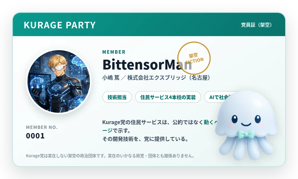 Kurage党の党員証（架空）。MEMBER NO.0001 BittensorMan、技術担当