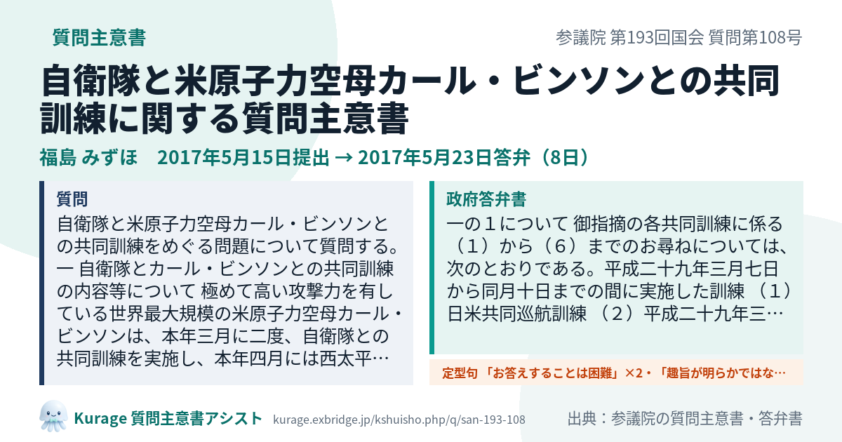 自衛隊と米原子力空母カール・ビンソンとの共同訓練に関する質問主意書（参議院・福島 みずほ・2017年5月15日）質問本文と政府答弁書｜Kurage 質問主意書アシスト