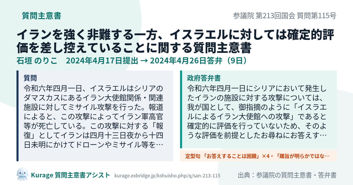 イランを強く非難する一方、イスラエルに対しては確定的評価を差し控えていることに関する質問主意書（参議院・石垣 のりこ・2024年4月17日）質問本文と政府答弁書｜Kurage 質問主意書アシスト