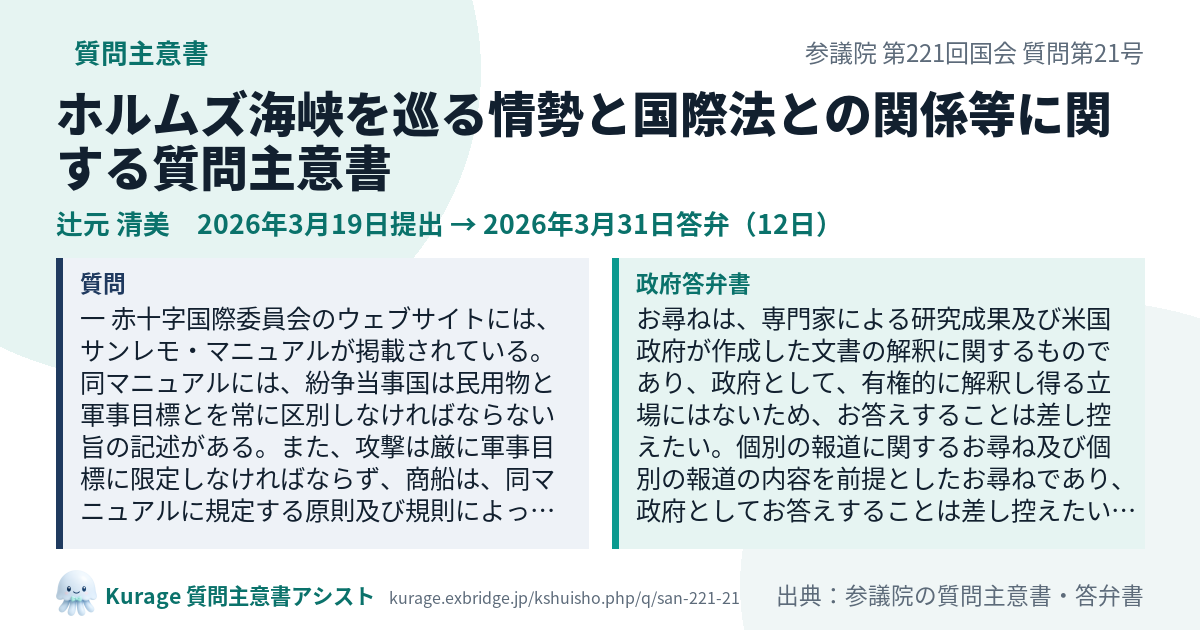 ホルムズ海峡を巡る情勢と国際法との関係等に関する質問主意書（参議院・辻元 清美・2026年3月19日）質問本文と政府答弁書｜Kurage 質問主意書アシスト