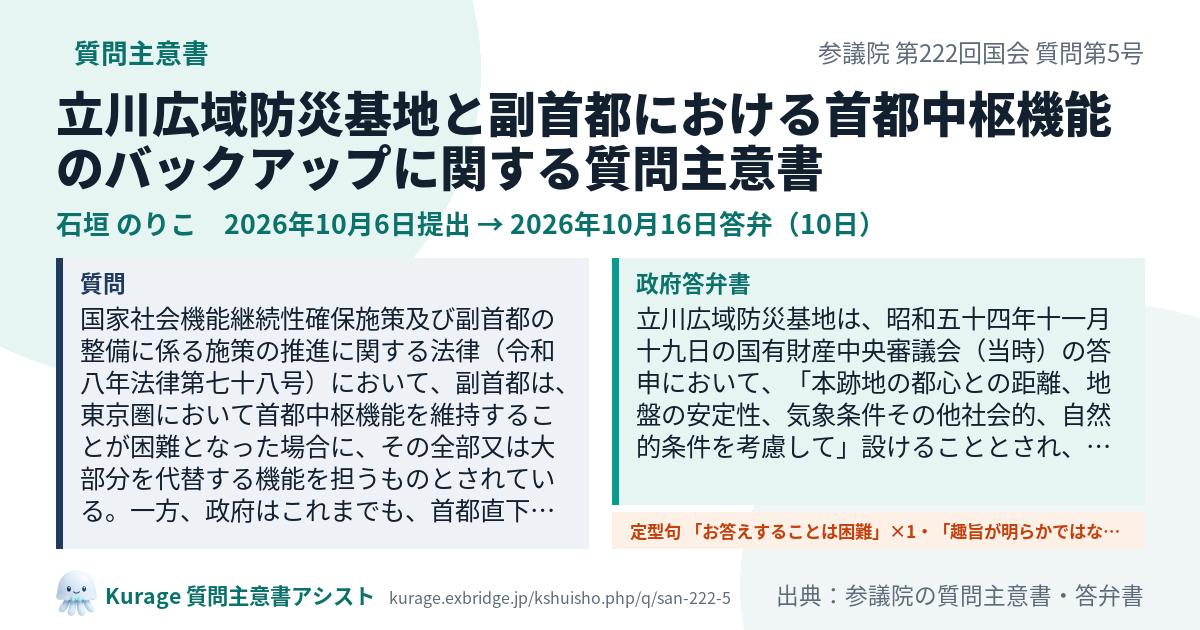 立川広域防災基地と副首都における首都中枢機能のバックアップに関する質問主意書（参議院・石垣 のりこ・2026年10月6日）質問本文と政府答弁書｜Kurage 質問主意書アシスト