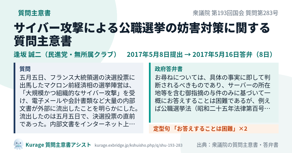 サイバー攻撃による公職選挙の妨害対策に関する質問主意書（衆議院・逢坂 誠二・2017年5月8日）質問本文と政府答弁書｜Kurage 質問主意書アシスト