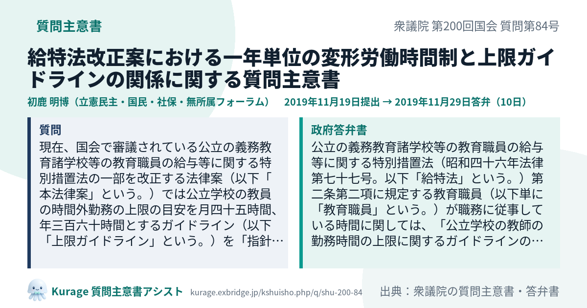 給特法改正案における一年単位の変形労働時間制と上限ガイドラインの関係に関する質問主意書（衆議院・初鹿 明博・2019年11月19日）質問本文と政府答弁書｜Kurage 質問主意書アシスト