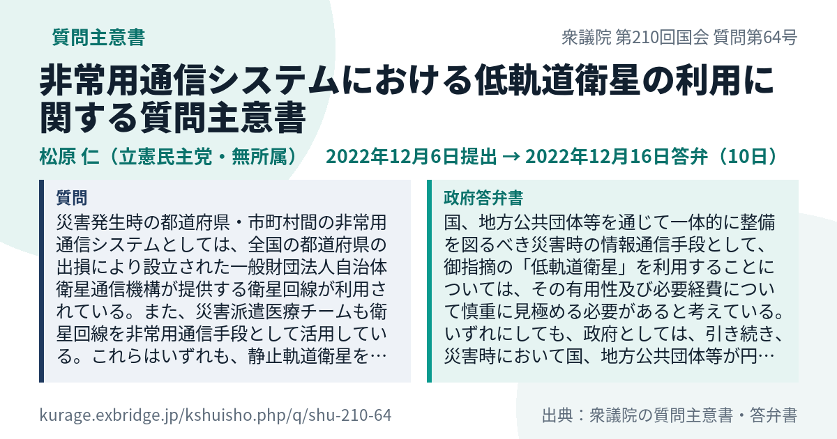 非常用通信システムにおける低軌道衛星の利用に関する質問主意書（衆議院・松原 仁・2022年12月6日）質問本文と政府答弁書｜Kurage 質問主意書アシスト