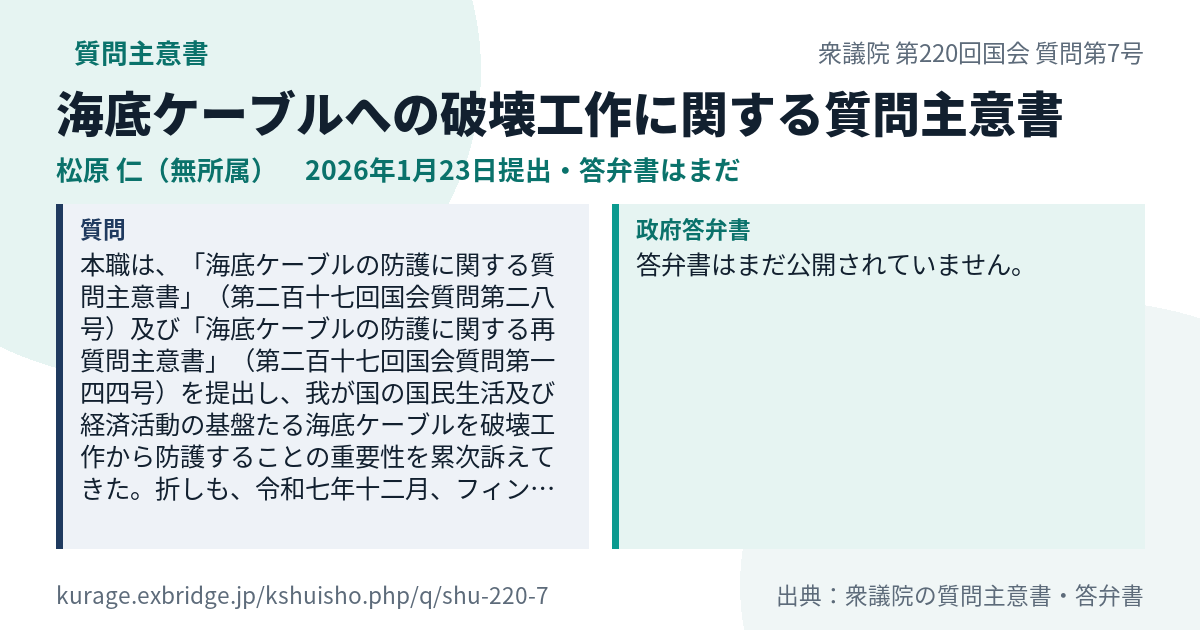 海底ケーブルへの破壊工作に関する質問主意書（衆議院・松原 仁・2026年1月23日）質問本文と政府答弁書｜Kurage 質問主意書アシスト