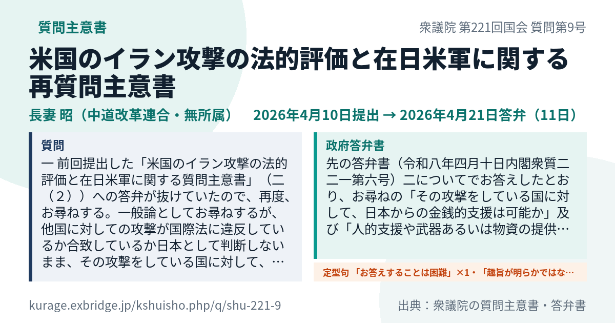 米国のイラン攻撃の法的評価と在日米軍に関する再質問主意書（衆議院・長妻 昭・2026年4月10日）質問本文と政府答弁書｜Kurage 質問主意書アシスト