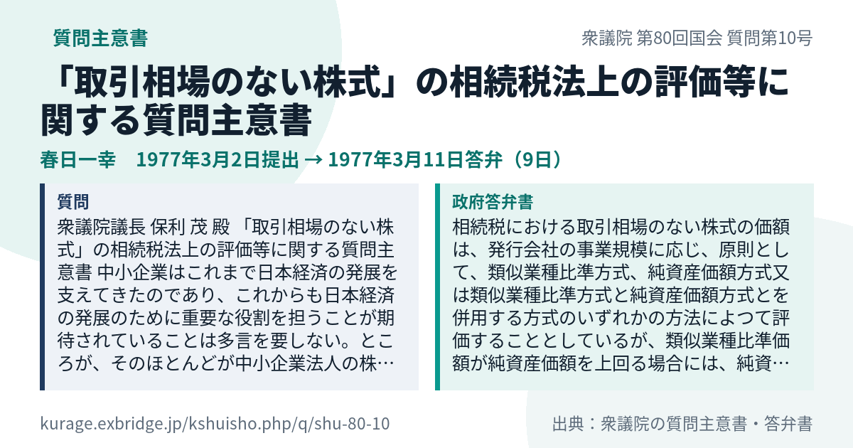「取引相場のない株式」の相続税法上の評価等に関する質問主意書（衆議院・春日一幸・1977年3月2日）質問本文と政府答弁書｜Kurage 質問主意書アシスト