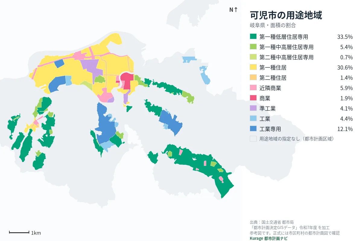 可児市の用途地域マップ（色分けと面積の割合）