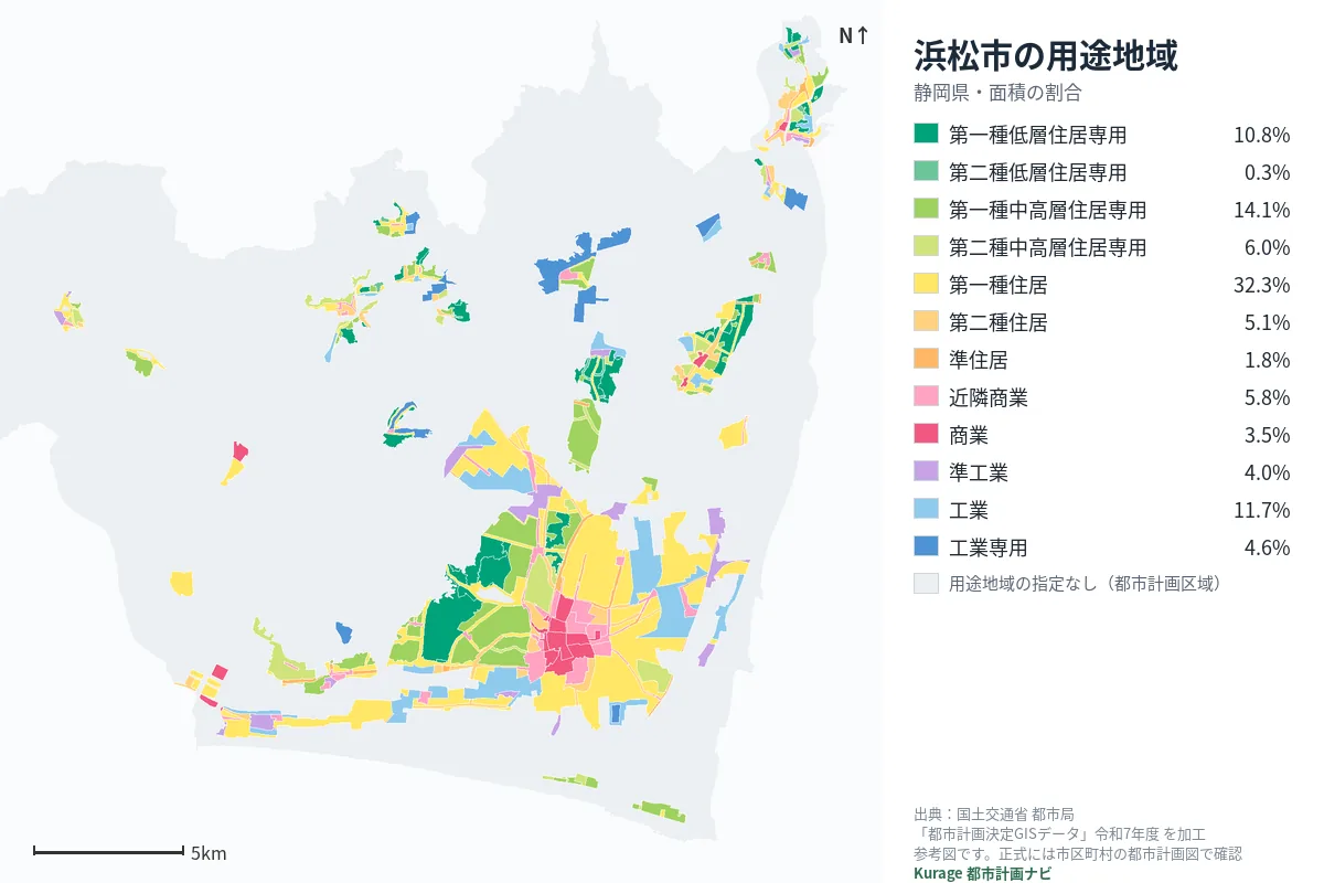 浜松市の用途地域マップ(色分けと面積の割合)