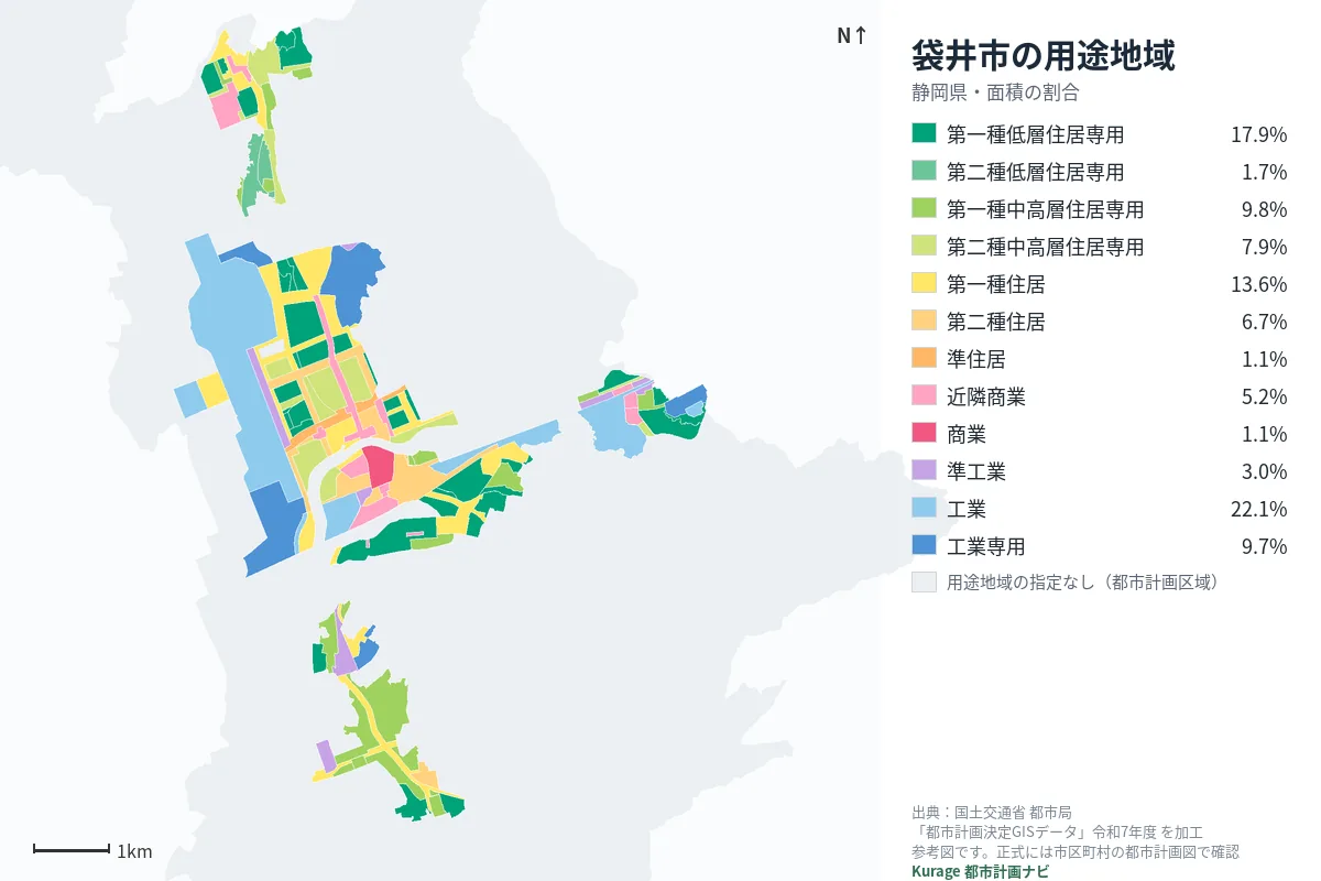 袋井市の用途地域マップ(色分けと面積の割合)